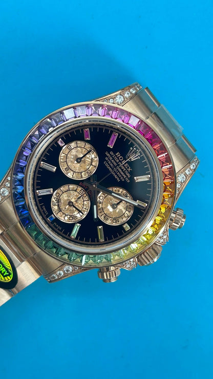 Rolex Daytona 'Rainbow' MZ SUPER CLONE Rose Gold Black Dial Sapphire Bezel